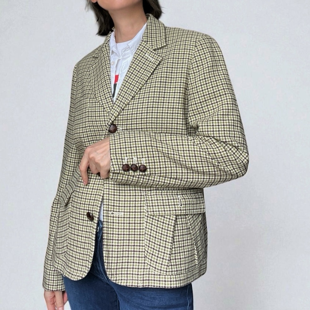 Talbots Classic Fit Houndstooth Blazer Jacket Size 12 Brown Green Wool Blend - Picture 2 of 11